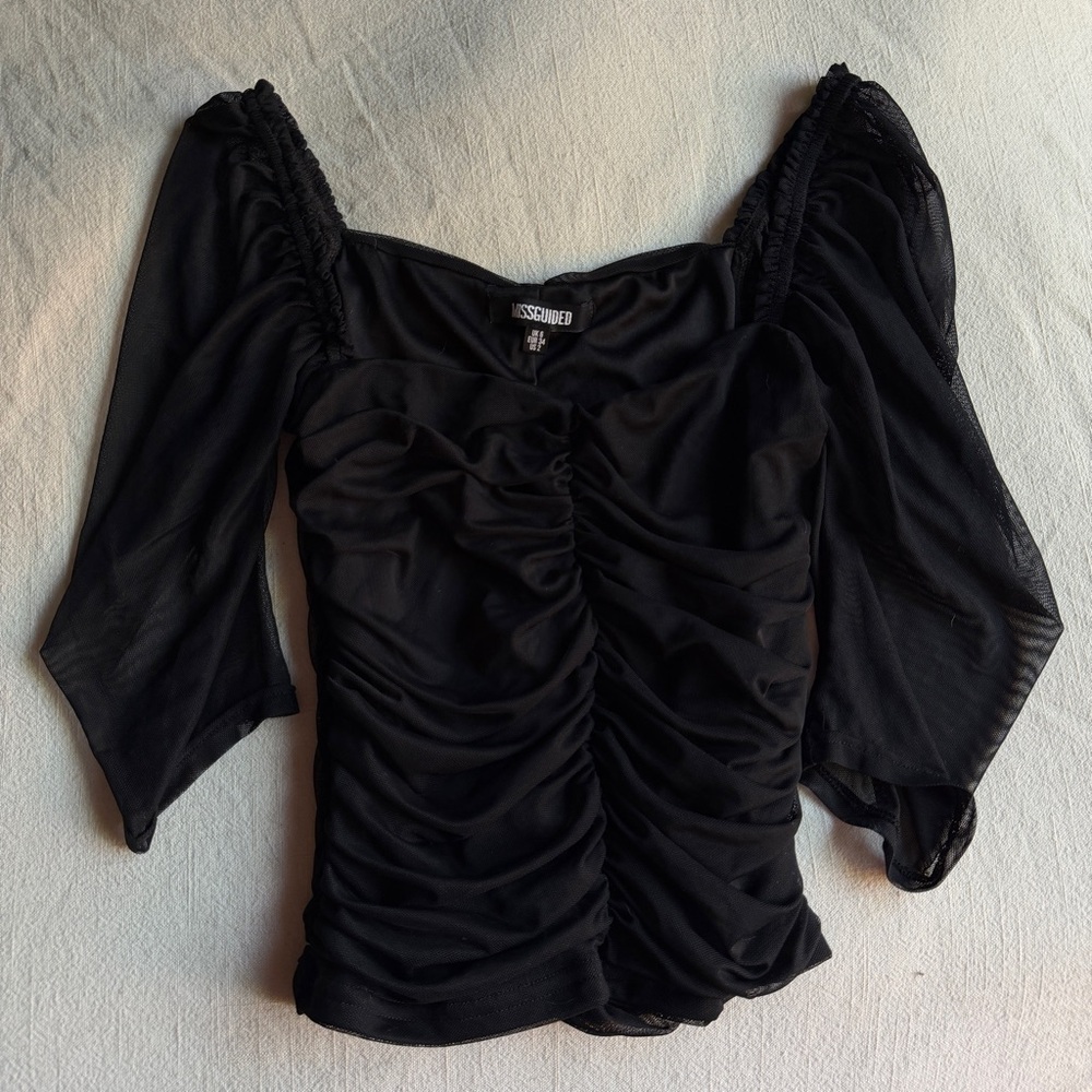 Black Ruched Puff Sleeve Top